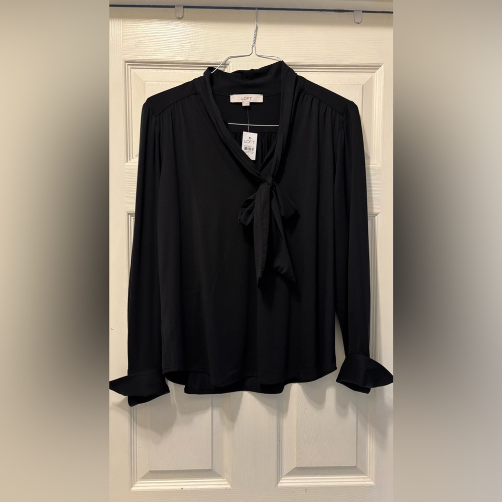 LOFT Black Long Sleeve Tie Front Blouse | NWT